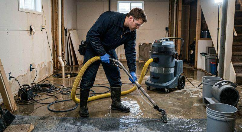 Technician in protective boots extracting water from a flooded basement