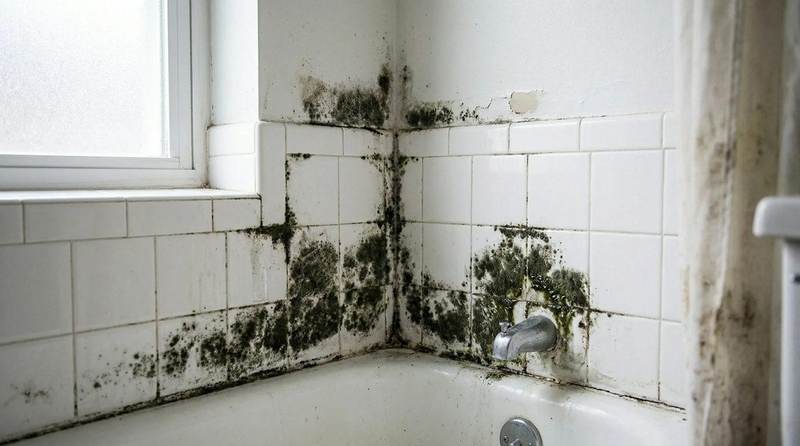 Black mold growth covering a Texas bathroom wall around the tub