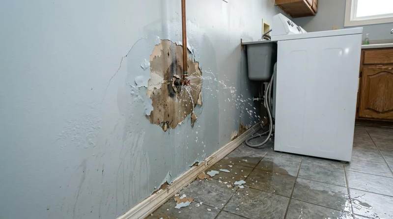 Leaking pipe inside a wall with peeling paint and wet floor in a Texas laundry room