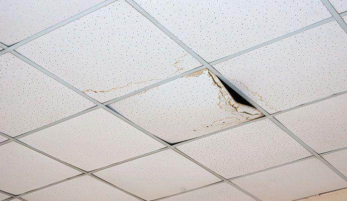 Water-stained sagging commercial drop-ceiling tile from leak in Texas building