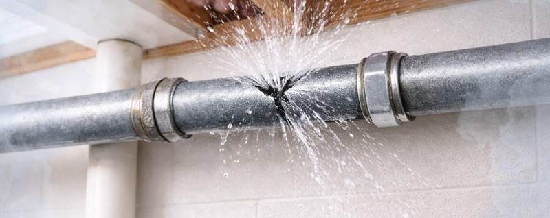 Closeup of a cracked pipe joint spraying pressurized water
