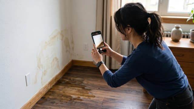 Homeowner photographing water-damaged wall and floor for insurance documentation