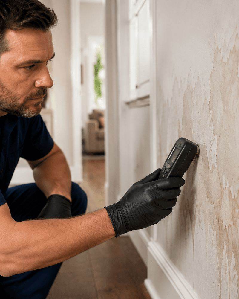 Flood damaged drywall being removed in a Crosby, Texas house
