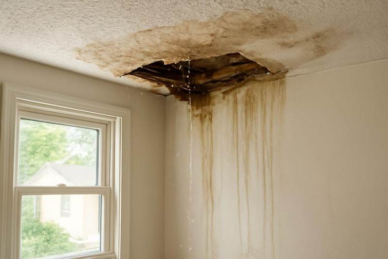 Ceiling hole with brown water stains streaking down a Texas wall from active leak