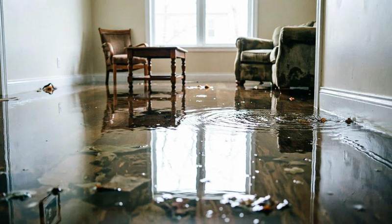 Texas living room floor covered in standing emergency floodwater