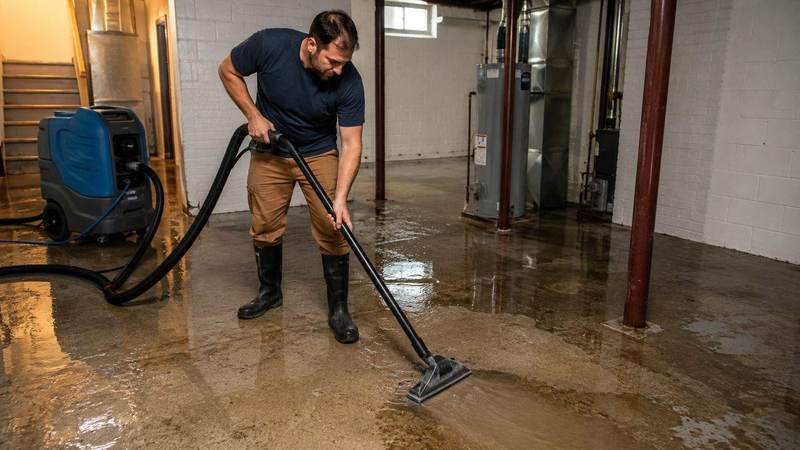 Technician extracting standing water from a flooded Texas basement