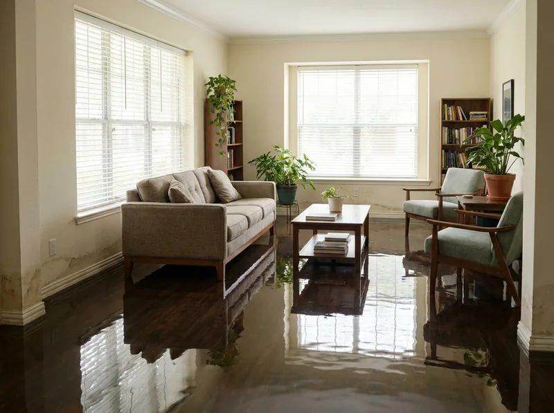 Flooded Texas home interior with standing water covering the floor