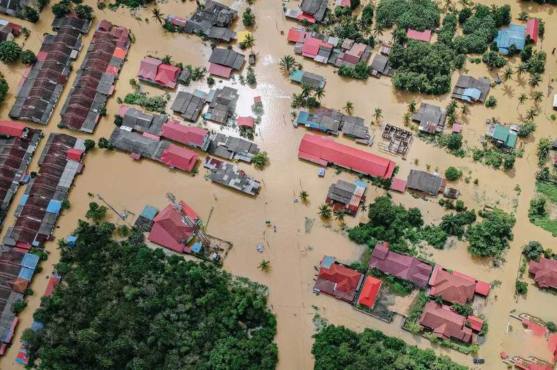 Aerial view of storm water pooling near homes in Josephine, Texas