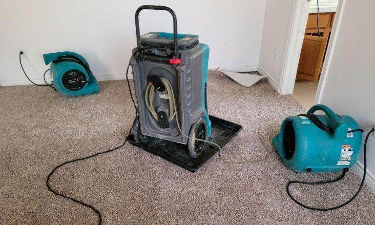 Professional structural drying in progress in a water-damaged Texas living room