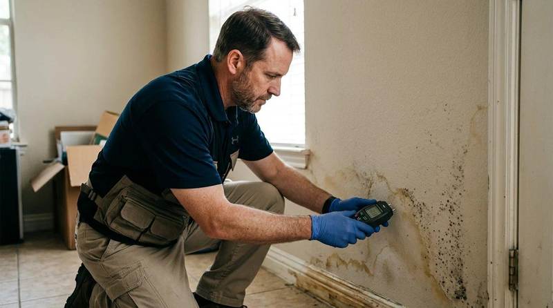 Mold inspector checking a wall with a moisture meter after burst pipe water damage