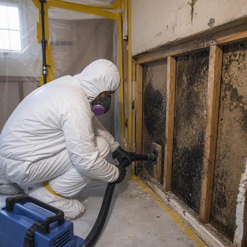 Technician in full protective gear vacuuming mold inside a containment barrier in Texas
