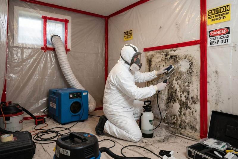 Technician in protective gear performing mold remediation in Texas