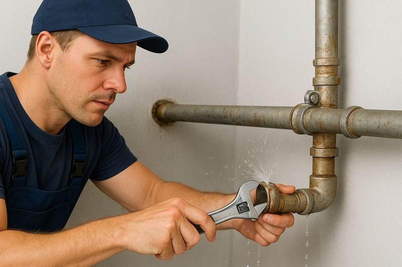 Plumber with wrench repairing a leaking burst pipe fitting in Texas