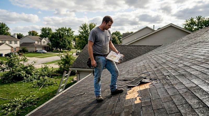 Roofer assessing missing shingles exposing underlayment on a Texas roof