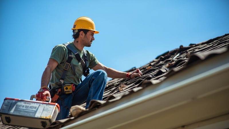 Roofer in hard hat inspecting wind-damaged shingles on a Texas roof