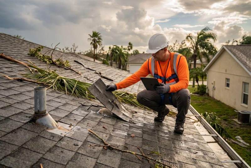 Roofer lifting a storm-damaged shingle to check underneath on Texas roof
