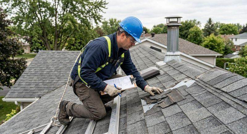 Roofer documenting damaged shingles around a roof vent in Texas