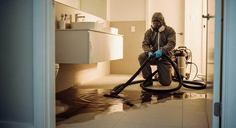Technician in full protective suit extracting contaminated water from a Texas bathroom floor