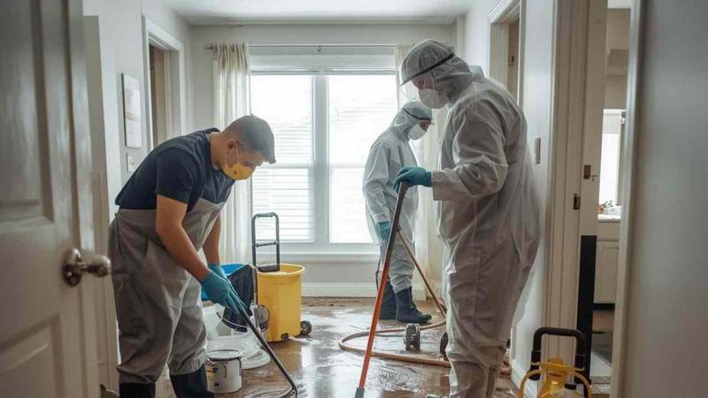 Professional crew in protective gear extracting sewage-contaminated water in Texas