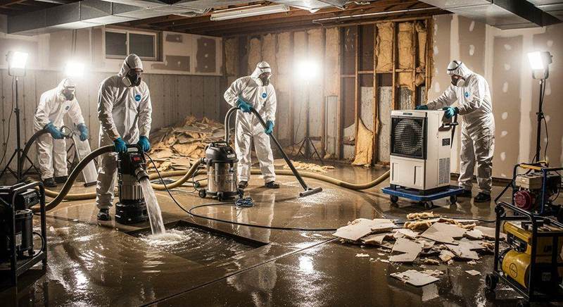 Professional crew in protective suits pumping contaminated water from a flooded Texas basement