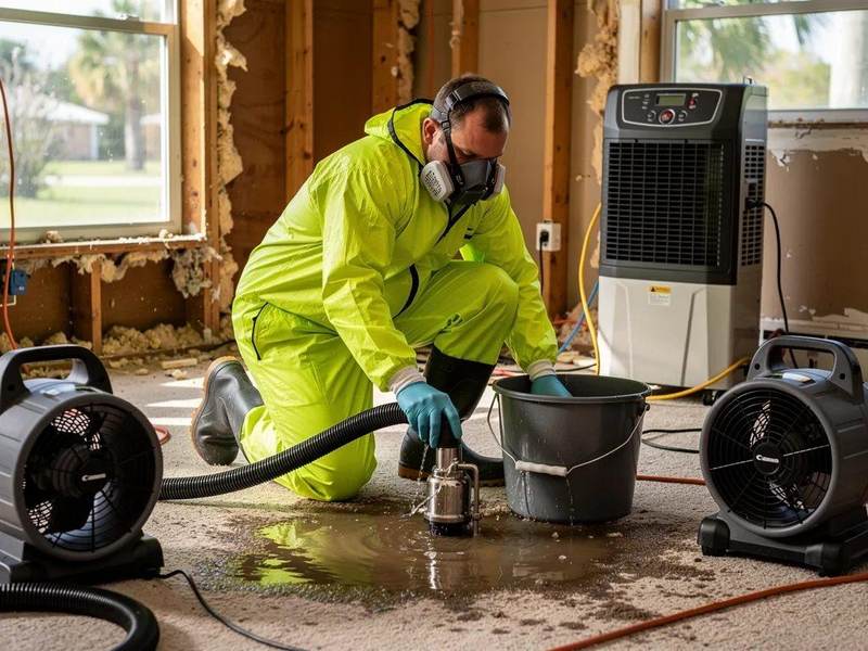 Technician in hazmat suit pumping sewage water with drying equipment running