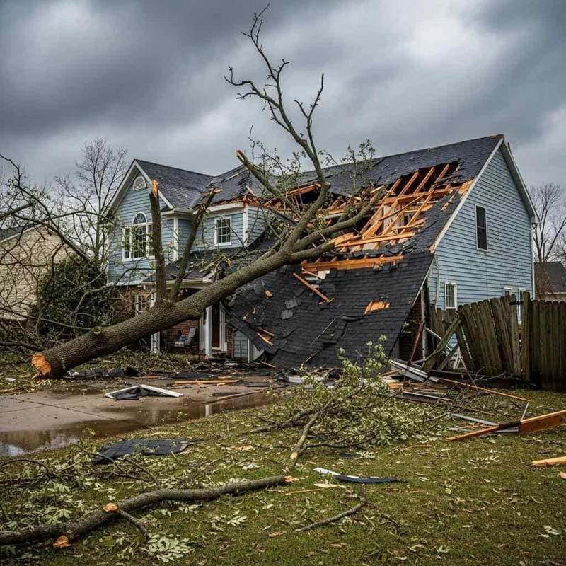 Massive fallen tree tearing through a Texas house roof after a storm