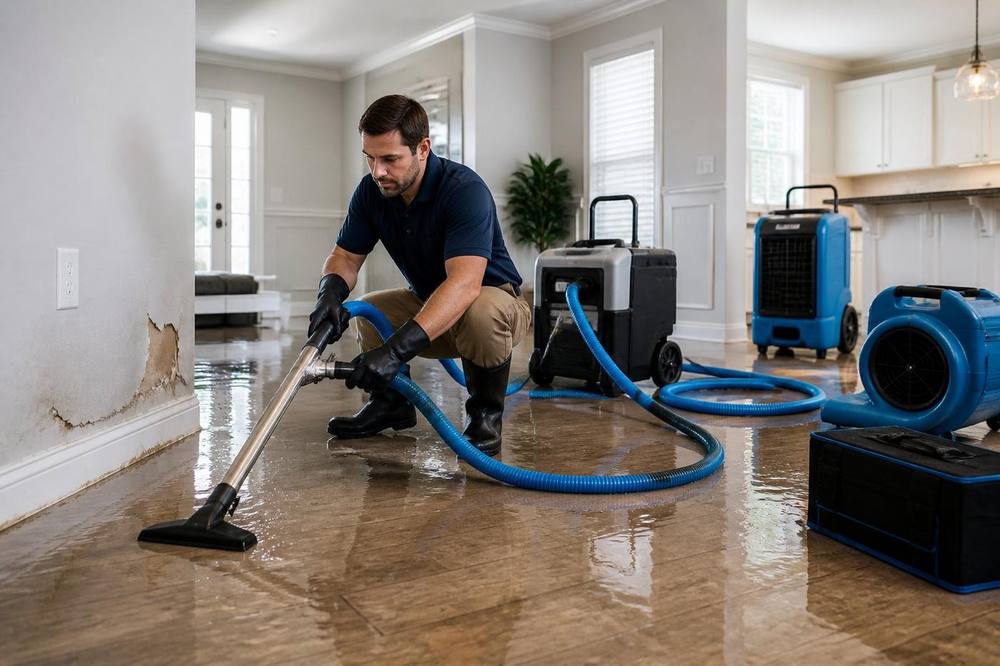 Technician extracting standing water from a flooded floor inside a Texas home with professional drying equipment