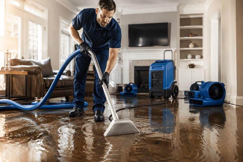 Technician extracting standing water from a flooded Texas floor